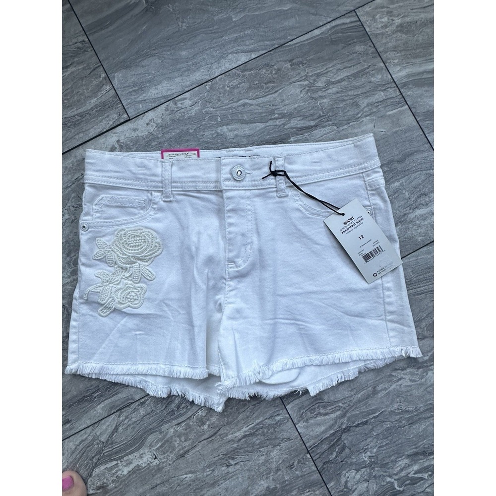 Jordache Girls Y2K Med White Crochet Lace Trim Frayed Denim Shorts 12